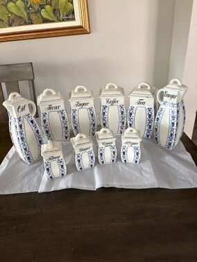 1934 German Cerami  Canister Set 10 Pieces w/ Tops White Blue